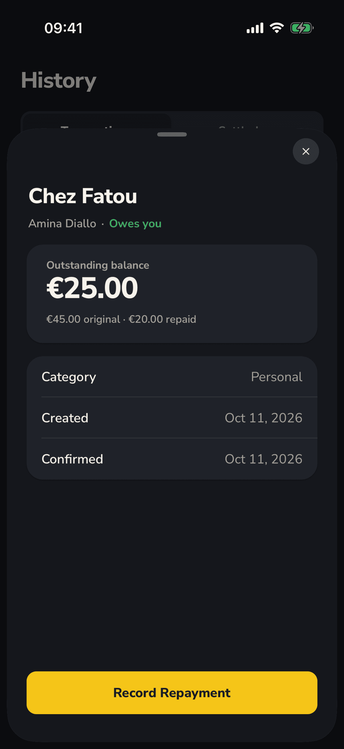 A debt in Tacktus with its repayments and remaining balance