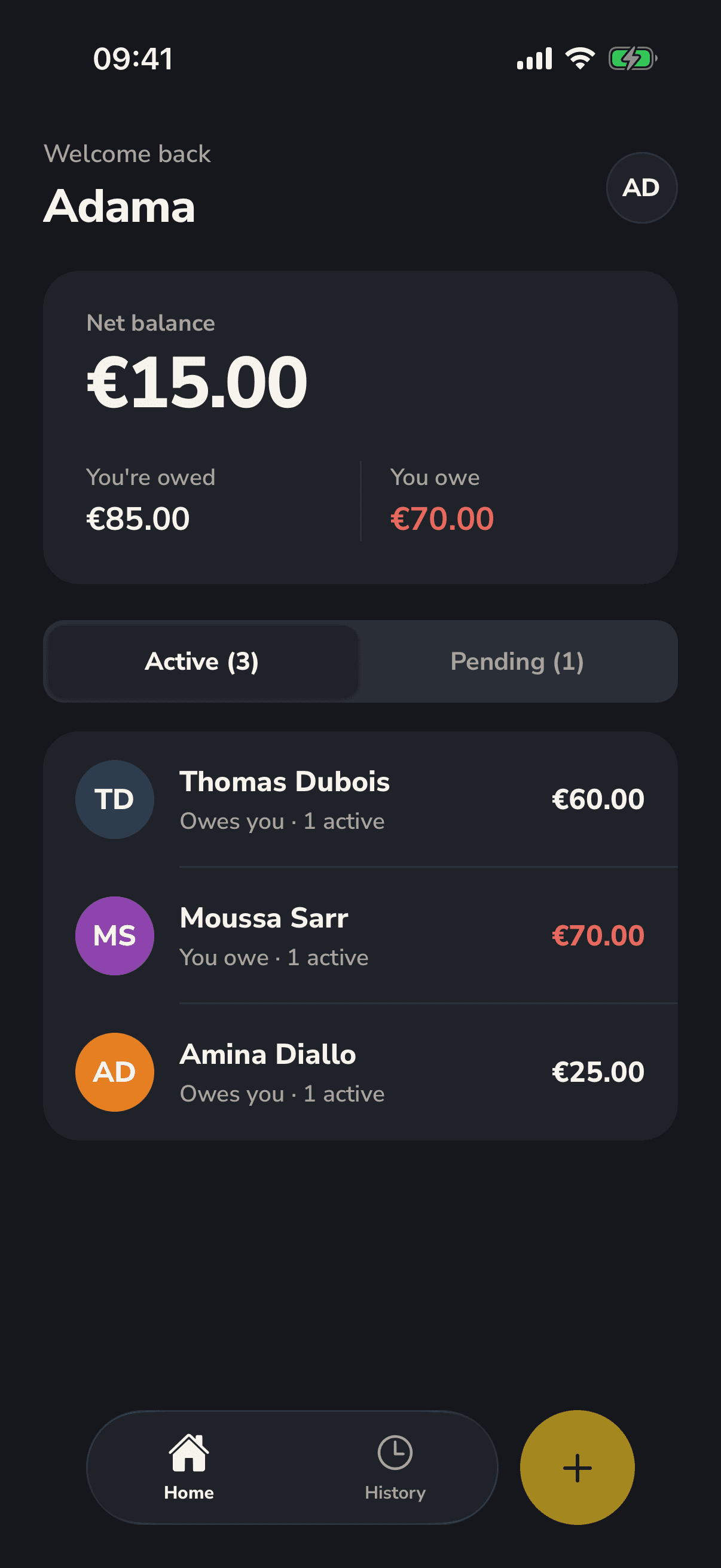 The Tacktus home screen: your net balance and the people you have debts with