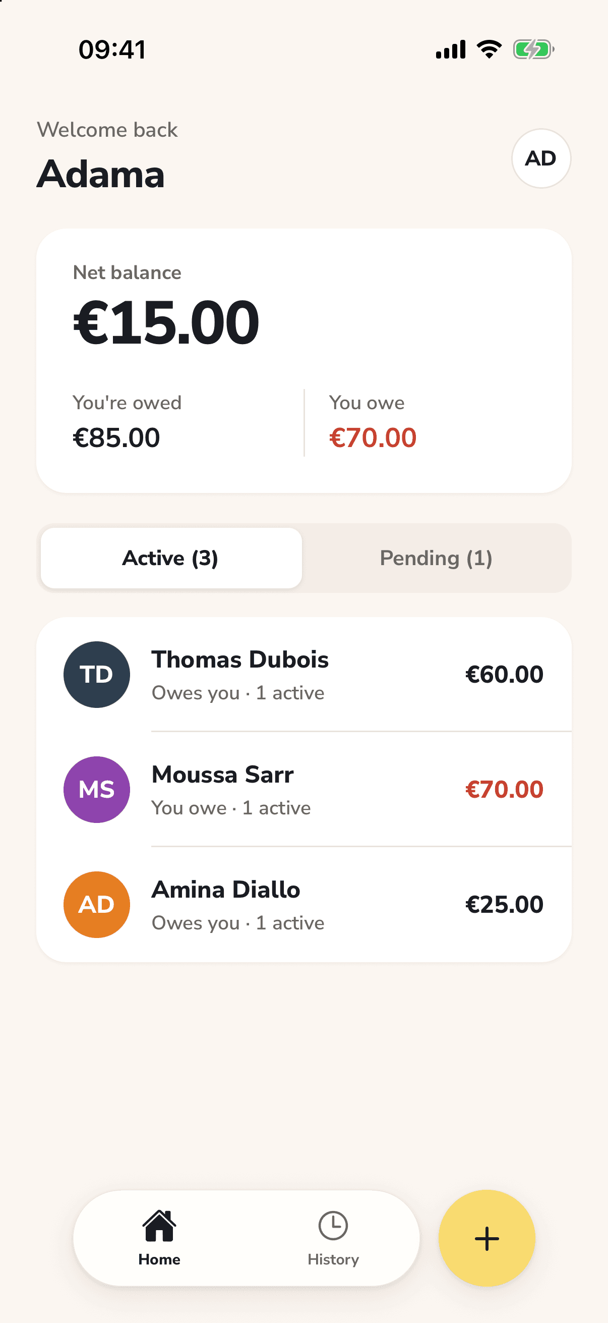 The Tacktus home screen: your net balance and the people you have debts with