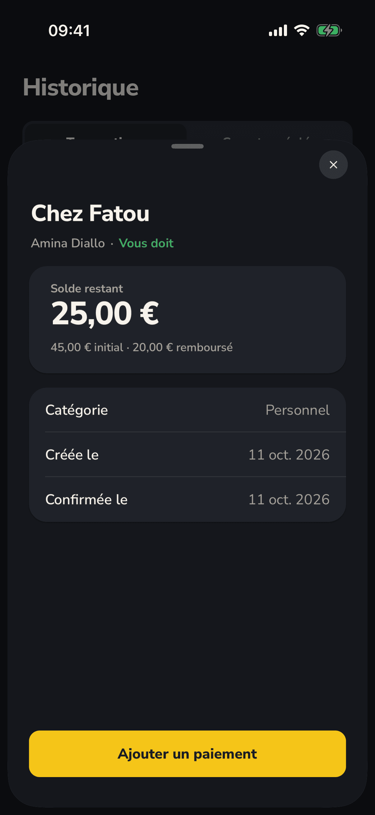 Une dette dans Tacktus avec ses remboursements et le solde restant