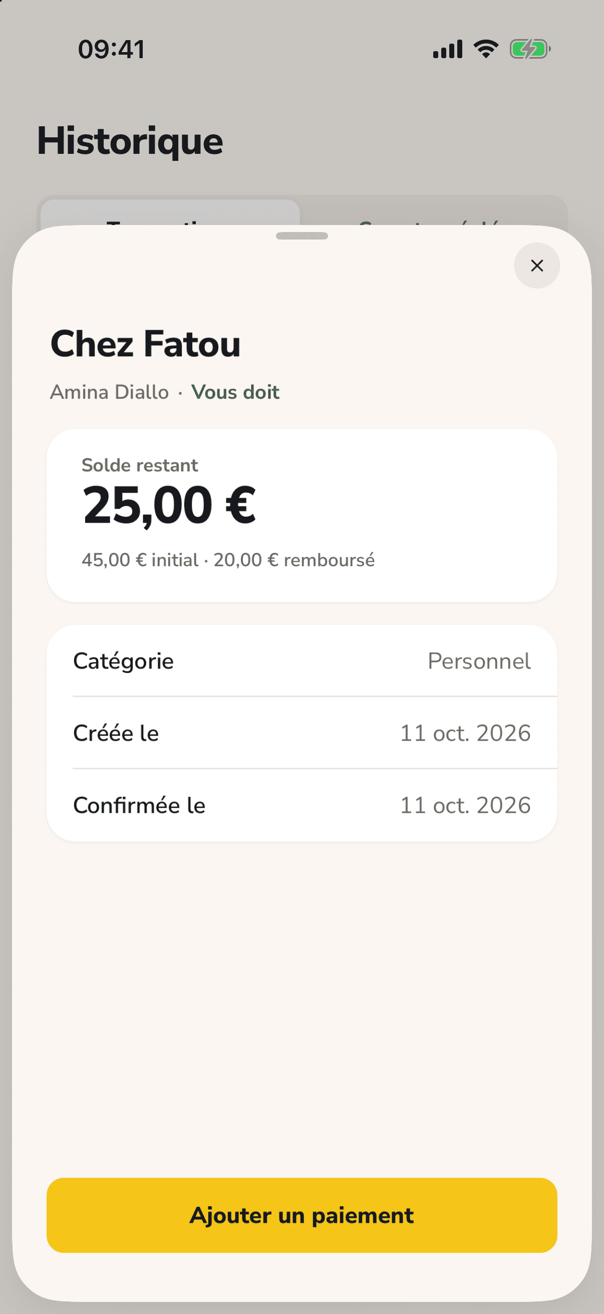Une dette dans Tacktus avec ses remboursements et le solde restant