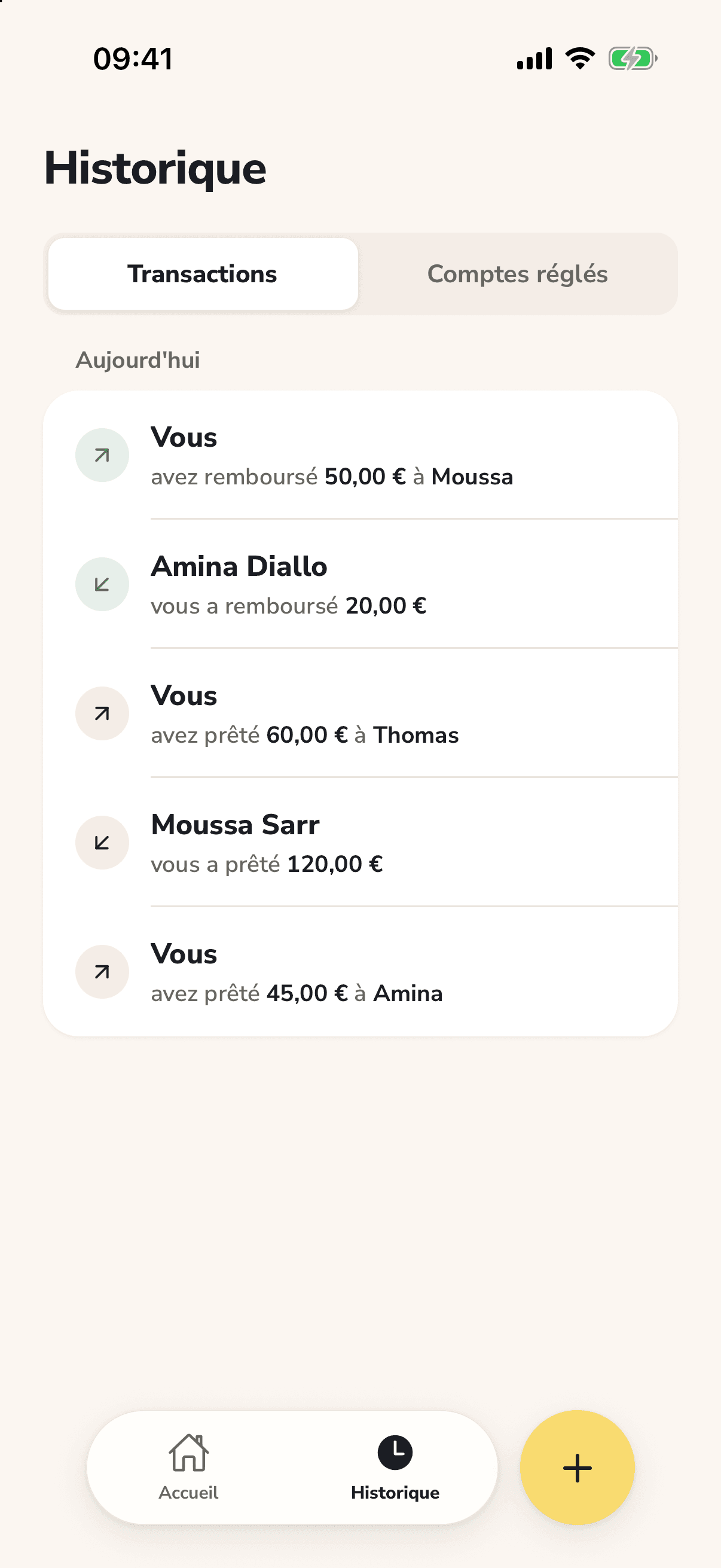 L'historique Tacktus : chaque prêt et remboursement confirmé, du plus récent au plus ancien