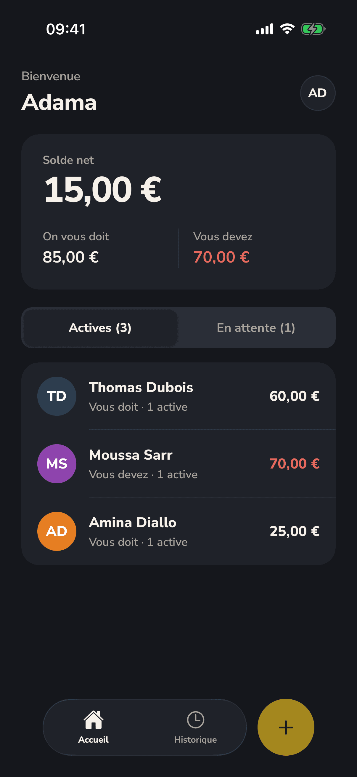 L'écran d'accueil de Tacktus : votre solde net et les personnes avec qui vous avez des dettes